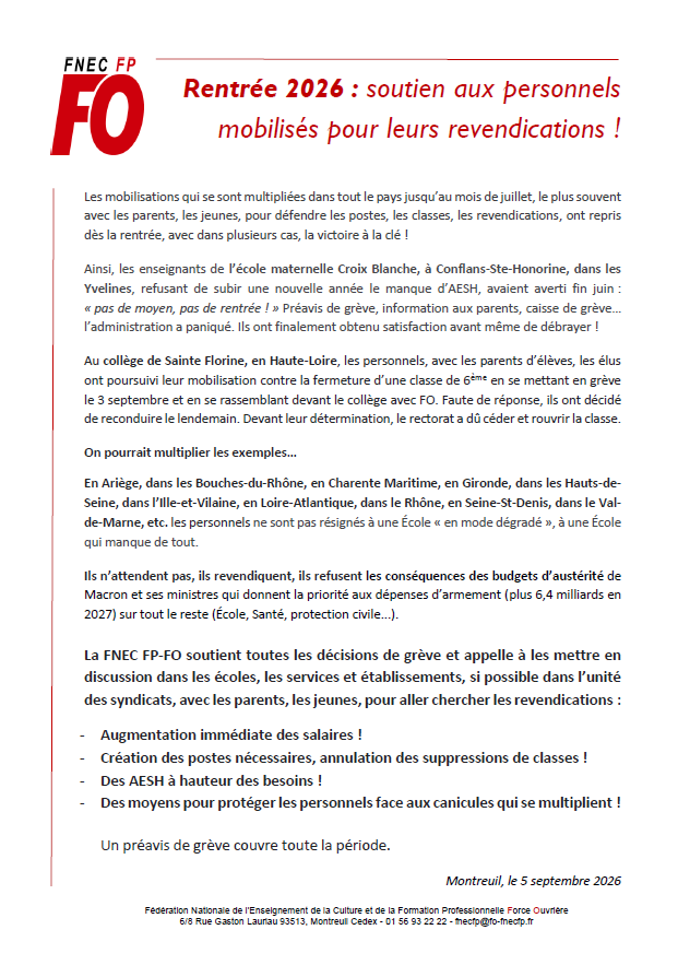 26 09 05 - Rentrée 2026 - soutien aux personnels mobilisés pour leurs revendications