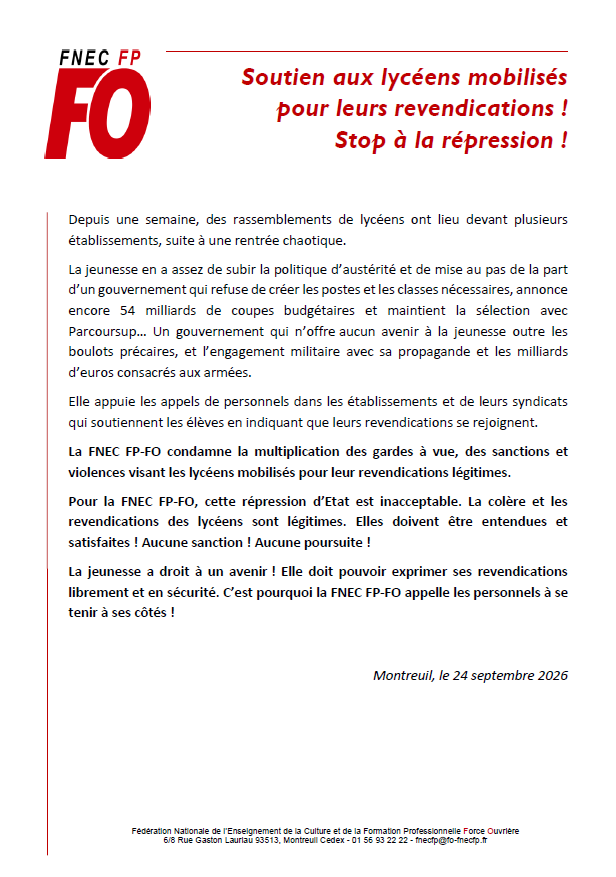 26 09 24 - Soutien aux lycéens mobilisés - Stop à la répression