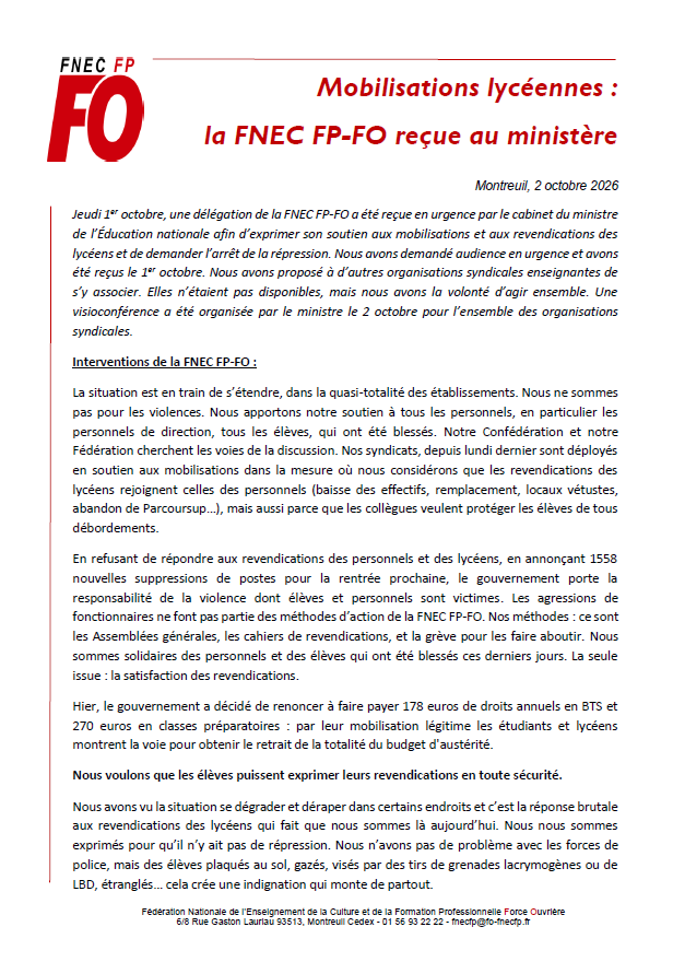 26 10 02 - Mobilisations lycéennes - la FNEC FP-FO reçue au ministère